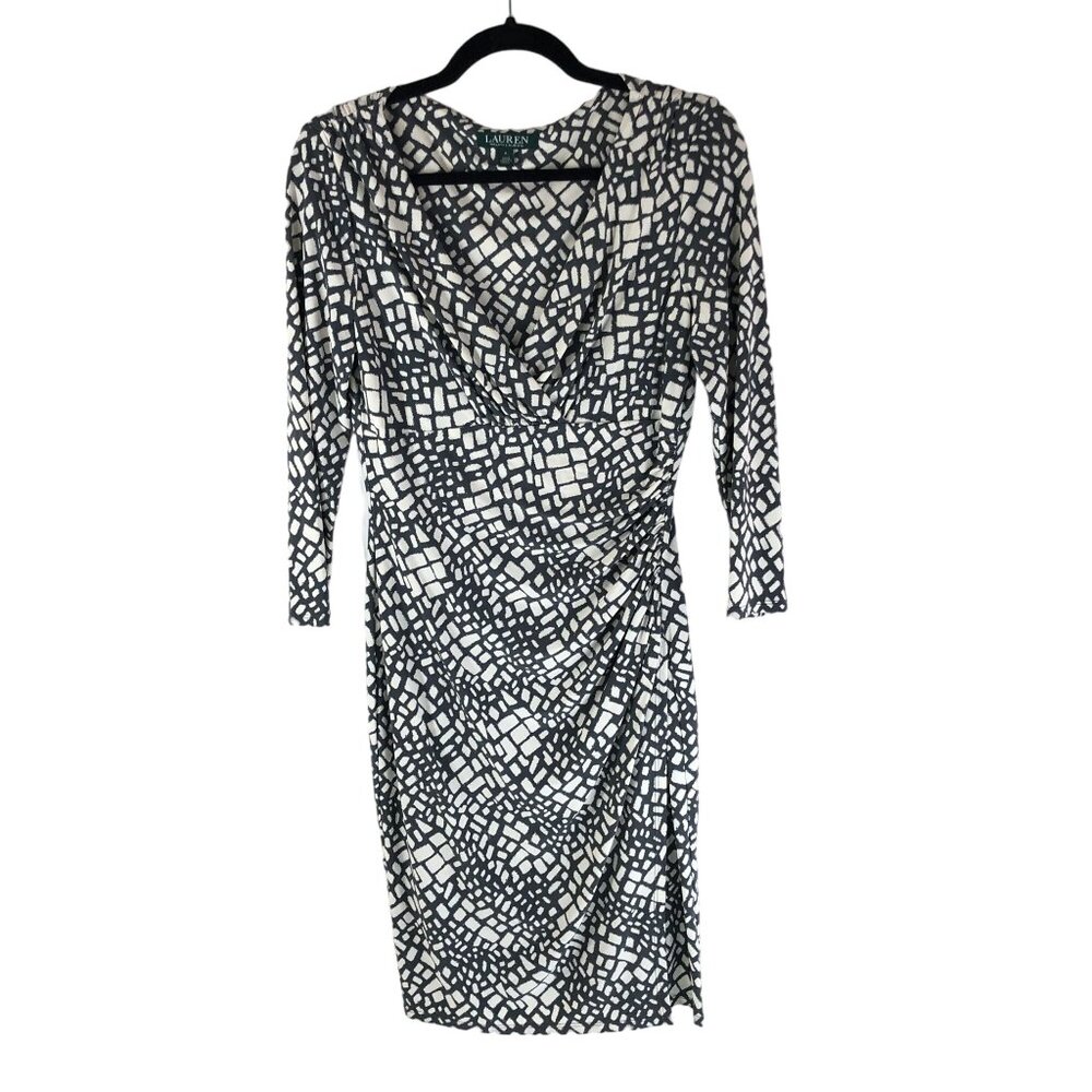 Lauren Ralph Lauren Faux Wrap Dress Long Sleeve Geometric White Black 4